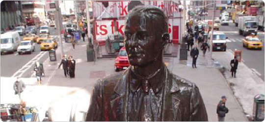 American composer George M. Cohan, creator of songs like ?You?re a Grand Old Flag? and ?Give My Regards to Broadway? is honored in sculpture form in Times Square.