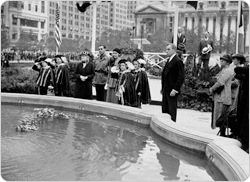 Flowers are cast into the water as Josephine Shaw Lowell Memorial Fountain is rededicated on September 14, 1934.