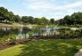 Fountains and a canoe in Indian Lake