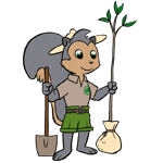 Pearl the Park's Mascot with shovel and tree ready to plant