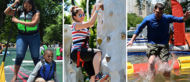 This three panel image shows three activities guests can participate in at Adventures NYC. In the first panel, a woman and a boy practice stand-up paddleboarding in a pool. In the second panel, a woman climbs up a rock climbing wall. In the third panel, a man splashes through a pool area in the park.