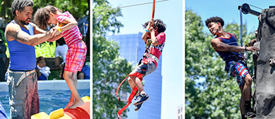 log rolling, zip lining, and rock climbing