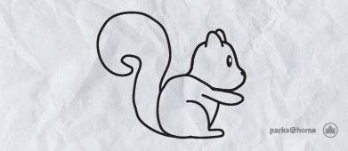 Cartoon graphic of an outline of a squirrel with the parks at home logo