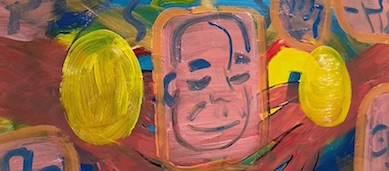 A painting of various strokes of colors including hands than stretch out to face with two yellow circles on the sides.