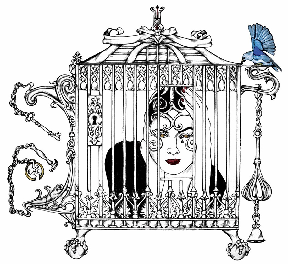 A woman is in an ornate cage with a blue bird sitting on top of the cage.
