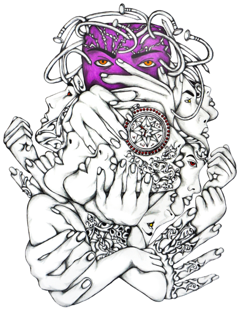 Nails extend and bend as they stretch out from a purple face that sits atop of a composition of faces with yellow and red eyes and many hands. Some of those hands are covering the eyes of two faces, some are folded, some hold on to the shoulders of the folded hands, some are clenched into a tight or resting fist, and some hands are around what looks like a compass with the points pointing to numbers 1, 3, 4, 8, 2, 6, 12, 7.