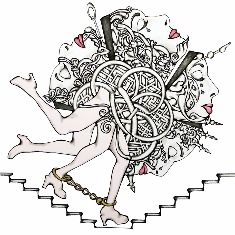 Four side profiles of faces are connected by ornate objects and loops that connect to two pairs of legs. The front pair of legs are chained as the legs make their way down steps, the front leg about to step on the tiny middle platform (the size of a step) that leads to another flight of stairs that the figure would have to go up.