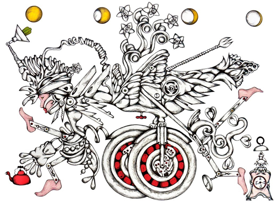 An interpretation of a para-cyclist. The four phases of the moon are spread across the top of the drawing. Under the full moon are the head and feet of the cyclist with a red teapot leading the way, between the waxing and waning moons are the wings and wheels of the cyclist, and under the crescent moon are two more feet and a clock.