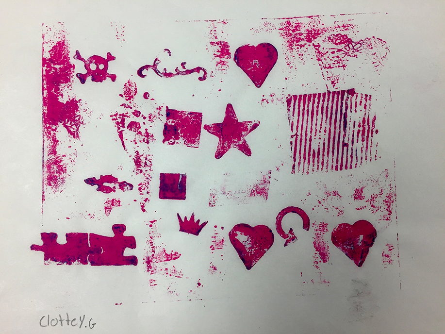This artwork is Collagraph Print on Rice Paper. The image of the artwork includes symbols in pink of hearts, starts, crowns, puzzle pieces, a skull, grate, and more stamped, some smudged, and on paper. The artist signed Clottey dot G on the bottom left.