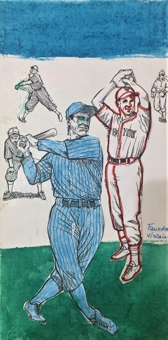 This artwork shows various players in positions one might assume while playing baseball, including one player in pinstripe uniform getting ready to bat, another in a pinstripe uniform swinging into a pitch, another player in pinstripe leaning on his knees, a player in a New York uniform with the ball caught in his gloves, and another person walking on field. The player preparing to bat is colored blue like the sky above. The hands of the pitchers are colored green, while the catcher's body is outlined red.