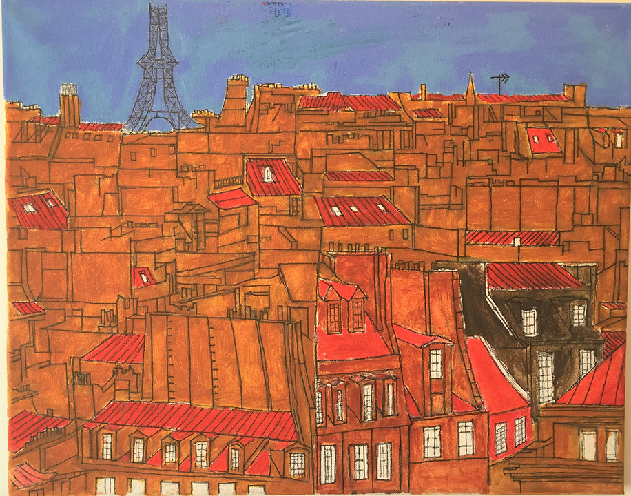 This acrylic painting shows a neighborhood in Paris. The Eiffel Tower against the blue night sky is towering over a cluster of buildings painted brown with yellow and white windows and red roofs.