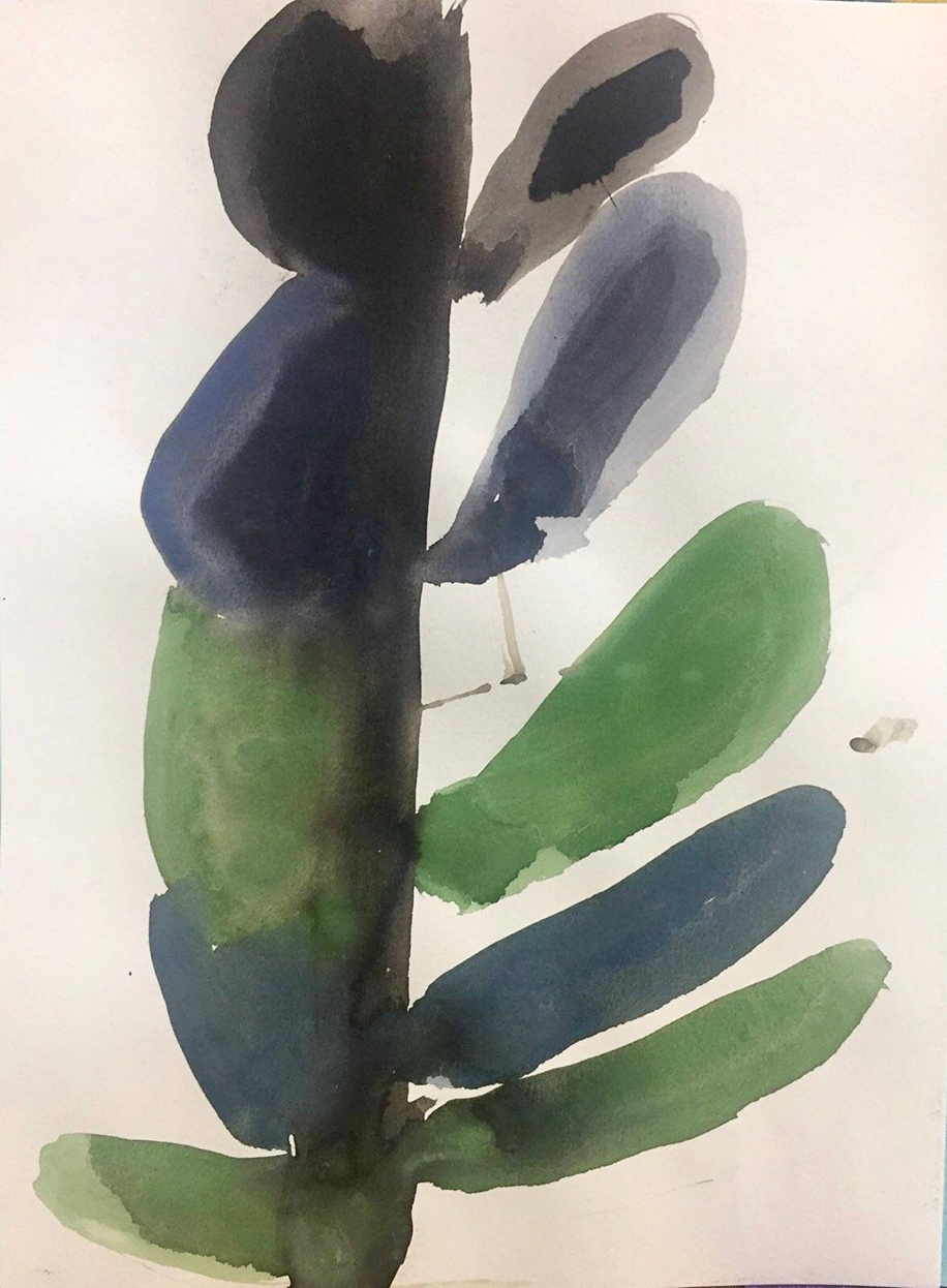 This watercolor painting uses shades of black, gray, blue, and green to form a plant-like structure with what looks like closed leaves on the left, and open leaves on the right.