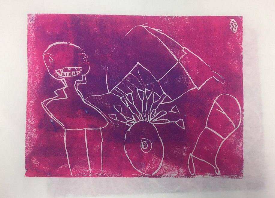 This piece is Styrofoam Print on Rice Paper and includes outlines of figures and objects in white against a pink background.