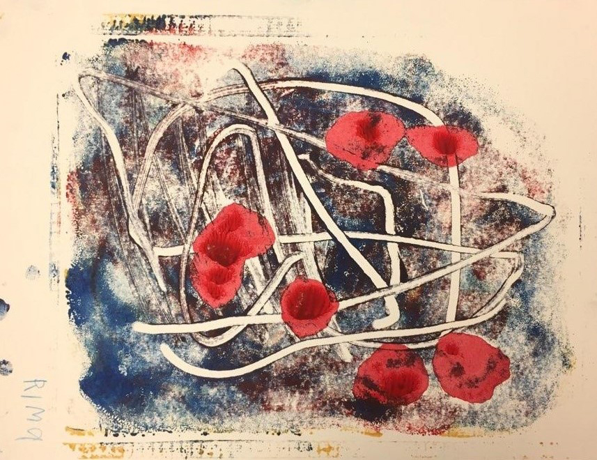 Blotches of akua ink in blue and red, and sometimes combining into black, on cardstock paper form the background of the painting, where loops like winding paths are blotched by six larger red dots.