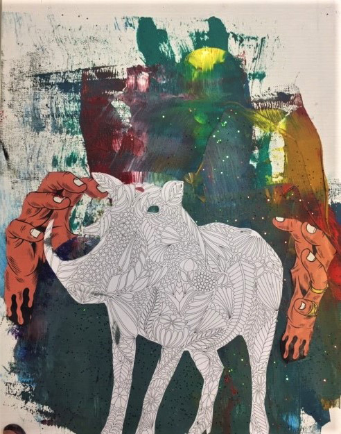 Large strokes of paint in red, yellow, green, and burnt yellow form the background from which hands extend as if to grab a hog whose body is detailed with drawings of leaves of various species.