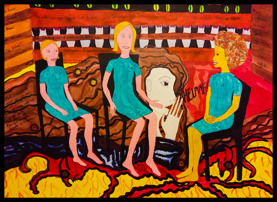 In a room painted red, orange, and yellow two women face another woman in a conversation while sitting on chairs. They are all wearing blue dresses. The woman facing the other two has her hands placed together on her lap, the other older woman has her palms open up in conversation while the younger version of her has her hands placed palms down on her thighs. On the wall are yellow pairs of eyes peeping in and figures of cats lined arranged under the eyes. There's a fourth woman, unbeknownst to most of the women, who flies from the youngest woman and whispers "help me". There are red outlines with eyes on yellow floor, and a blue figure that runs under the chairs of the youngest women and the other woman in conversation. Words like "all the white," "full of space," "know," "my friend," are part of sentences written on the wall.
