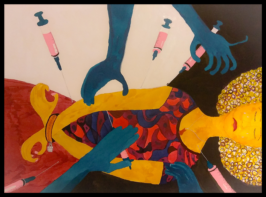 A woman lies on a surface. Her eyes are closed and her hands are tied together and placed on her lap as blue hands approach her with needles filled with pink fluid.