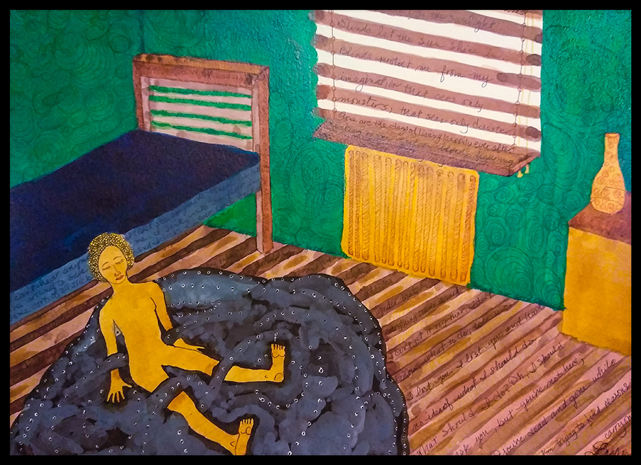 In front of a bed with blue sheets and a pink headboard in a room with green walls and a nightstand in the far corner with a vase on top of it, is a person who sits on a mat with octopus-like swirls that loop in and out of the legs of the person sitting there with their eyes closed, their head leaning on the side of the bed where words are scribbled and faded. At the center of the painting, there are writings on the closed blinds of a window above the radiator that reads "Blinds let the sun shine in. Blinds protect me from my imagination that sees only monsters, that sees only disaster. Gone are the days of living happily ever after". Then the words fade out. There are also writings on the floor; words in focus reads "I lost you and have no idea of what I should do. What should I do? Oh, I should ... but you're not here; ... you're dead and gone while I'm trying to find reasons to carry on."