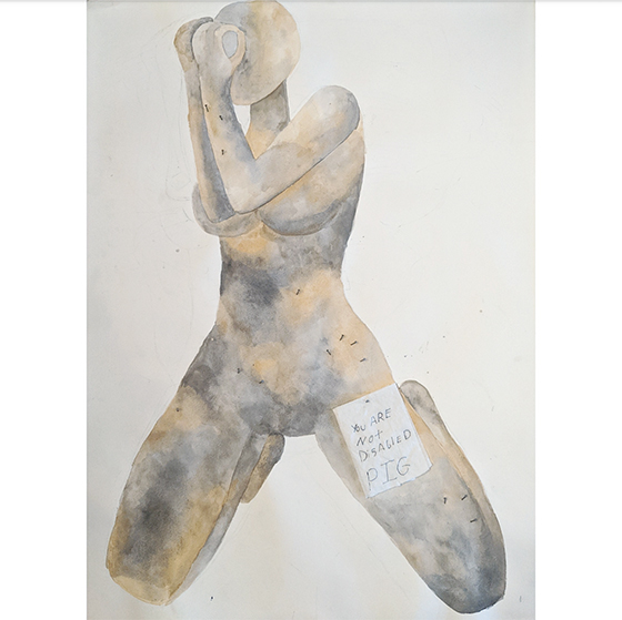Naked figure of a person on their knees, knees shoulder with apart and fists clenched and covering the eyes. Words on a piece of paper is affixed to the thigh read "You are not disabled PIG".