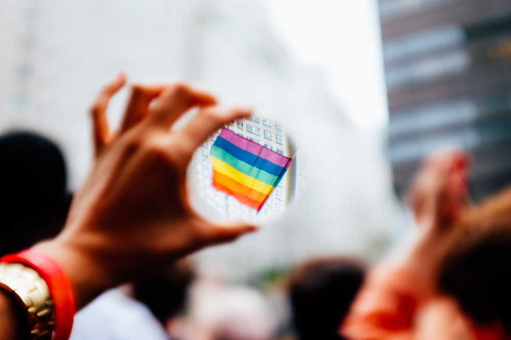 Someone examines a bride flag hanging from a building upclose through a glass