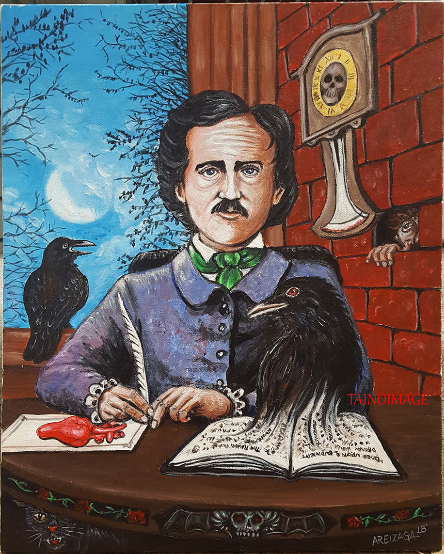 Acrylic drawing of Edgar Allan Poe holding a feather for writing next to a heart placed on a try. A raven begins to rise out of a book in the paper. Another raven is perched behind Poe and looking out to the moonlight between the trees; a clock on the wall features a skull in the middle; someone is peeping through a whole in the wall; their hands grabbing unto the opening where a brick was