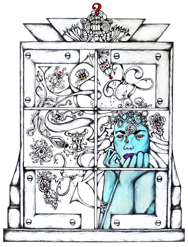 A person with blue skin, purple lips, and orange-red eyes look out an ornate window. Above the window is a red question mark