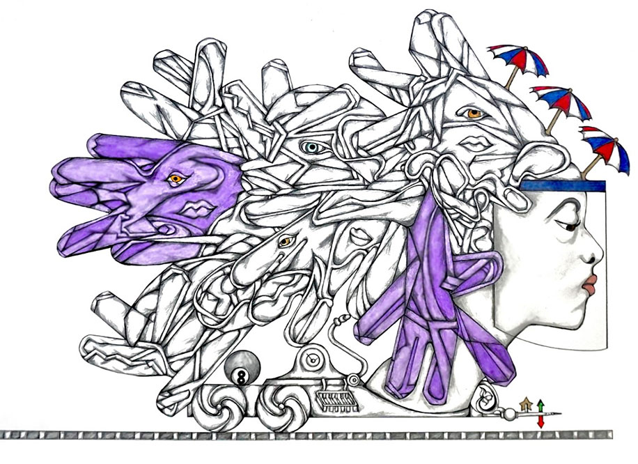 Clear and purple gloves connected with lips and eyes like hair to a head with a face shield on wheels. Three umbrellas in red, blue, and white are placed above the head's forehead