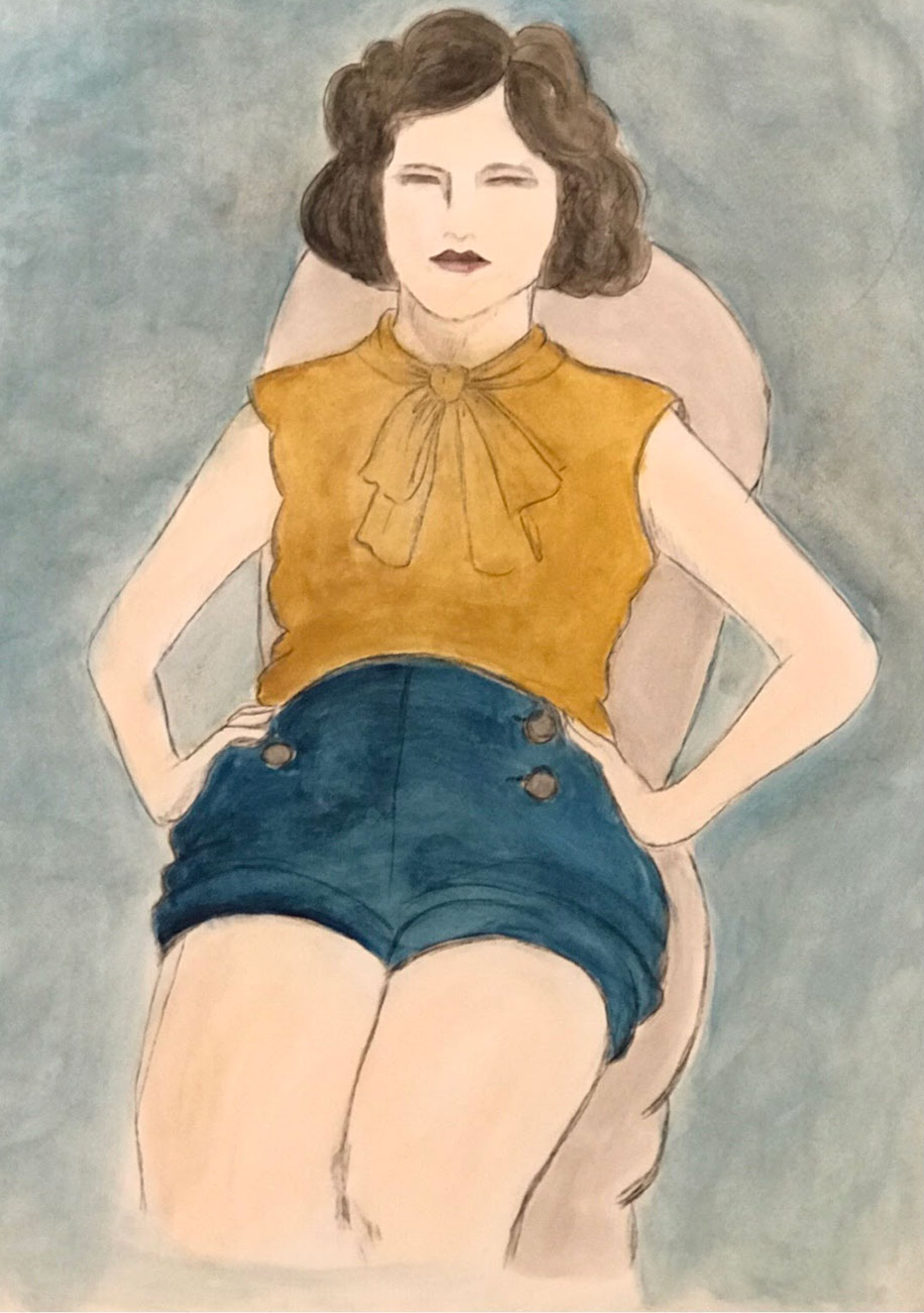 A woman with a bob wearing a yellow blouse and blue shorts slouches in a chair with her hands on her hips as she faces forward