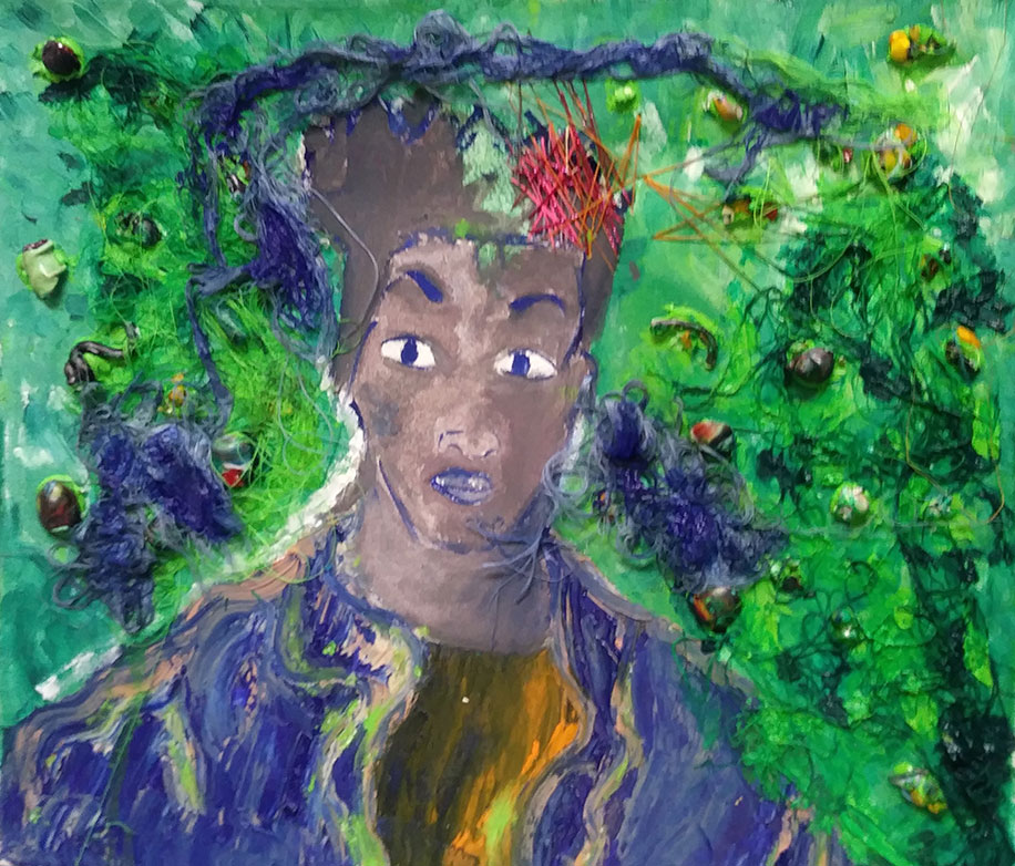 Blue threads are embroidered like an aura around a male of color; there is a patch of red embroidery on his head