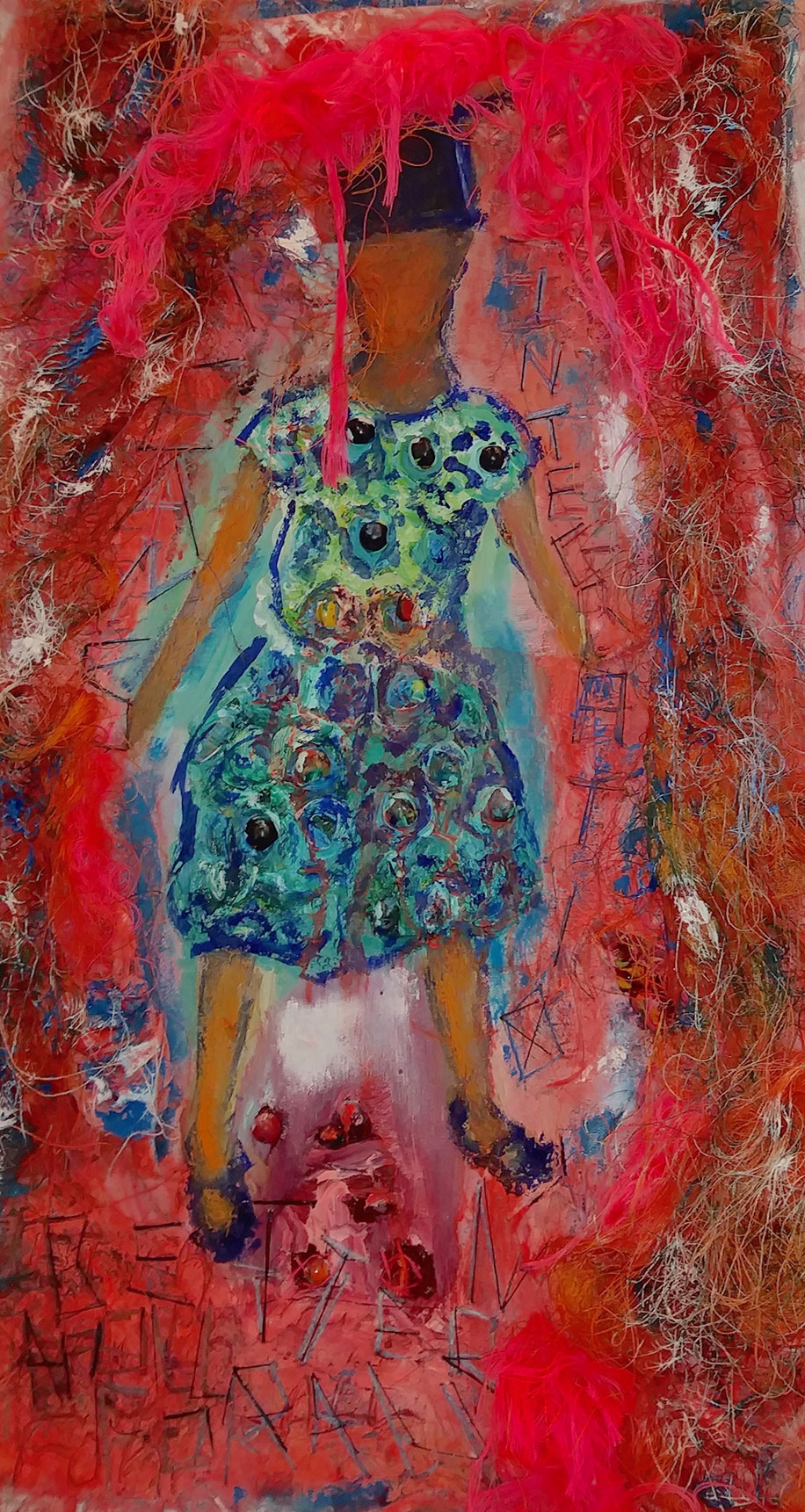 A brown girl in a dress stands firm while surrounded by blotches of red and the words Integration means beter schools for all embroidered on the canvas