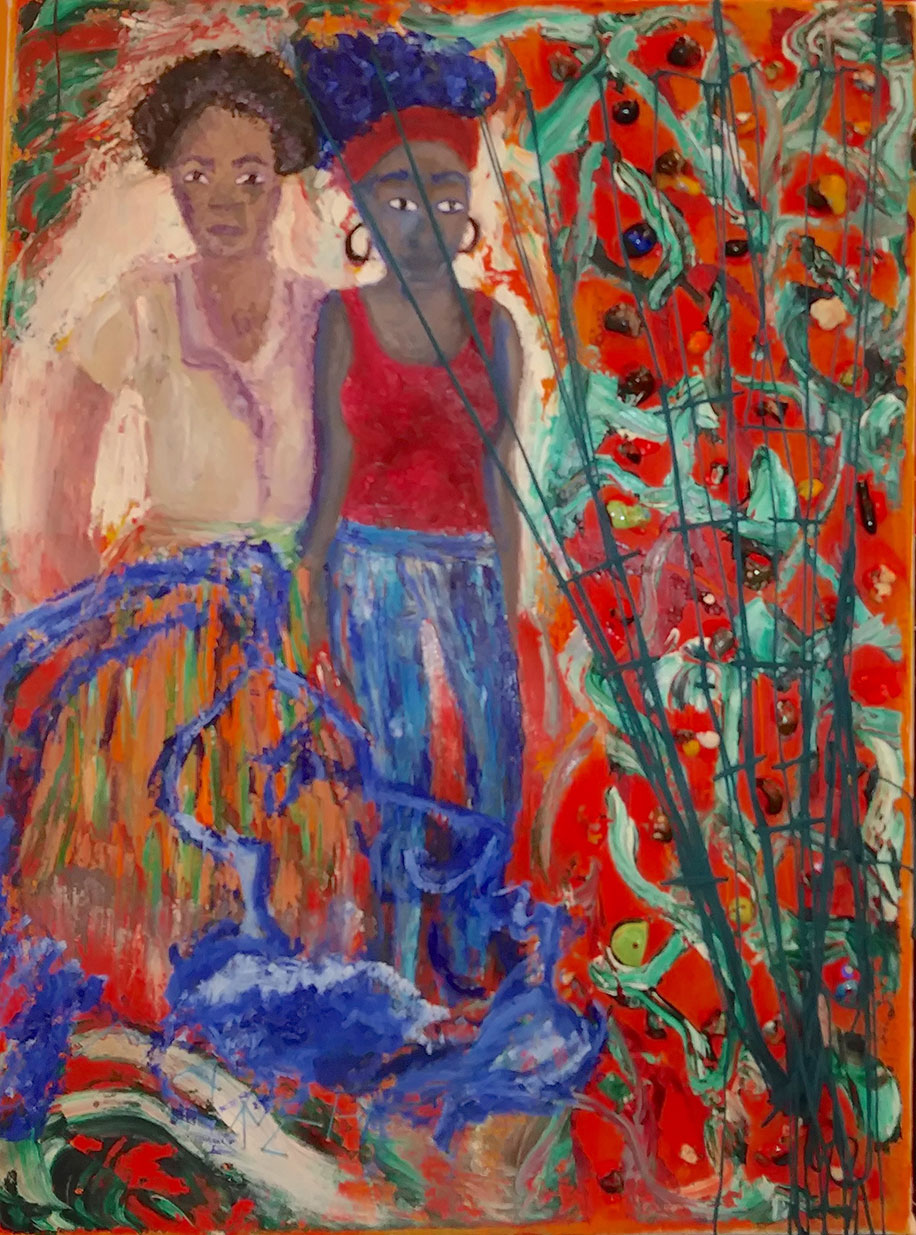 Two women of color stand together as the enter a space filled with swirls and patterns in colors of blue, red, and green