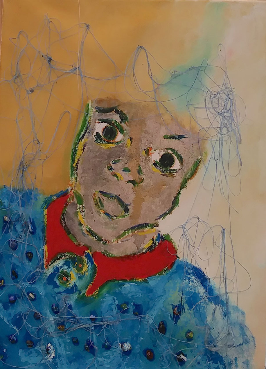 Painting of boy wearing a blue shirt and an orange collar; his eyes wide; he is outlined in green and yellow; there are strings of blue embroidered around him