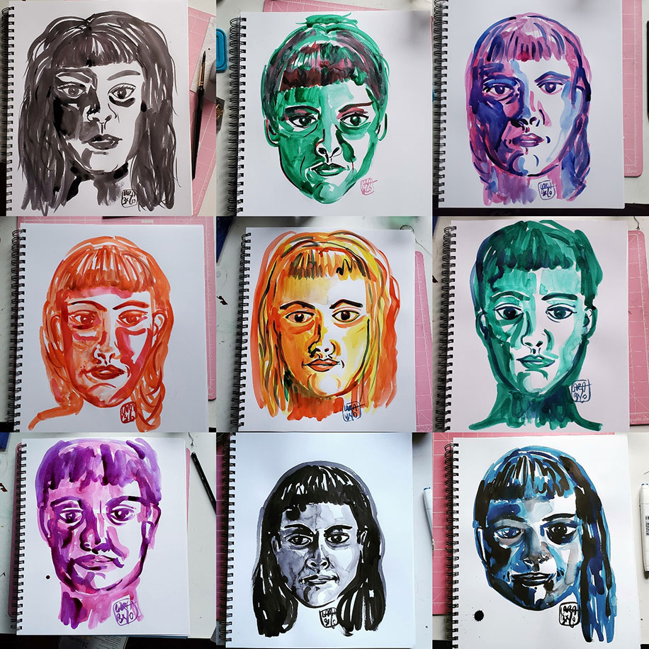 Nine images of the drawings of the artist's face in a paper drawing pad. The drawings are arranged as three in each row for three rows. Each face is drawn in a singular ink color with ranging hairstyles than includes bangs. Each face is drawn on its own page to reflect the artist's mood for that day. From left to right, row one, image one: the drawings are black with dark shadows and hair down and volumous while the eyes look straight ahead; image two: green with hair up and eyes looking away to your right,; image three: purple and blue with hair down, flat and tucked behind the ears with eyes looking straight ahead; row two, image one: reddish-orange, hair down, eyes looking slightly to the your right and lips parted; image two: orangish-yellow, eyes slightly looking away and a small smile; image three: green with hair pulled back and eyes looking down; row three, image one: purple, face appears puffy, eyes out of focus, and hair pulled back; image two: black, hair down and tucked behind the ears while eyes look away to your left; image three: blue-back with hair pulled to the side and over the shoulder, face appears puffy with dark circles