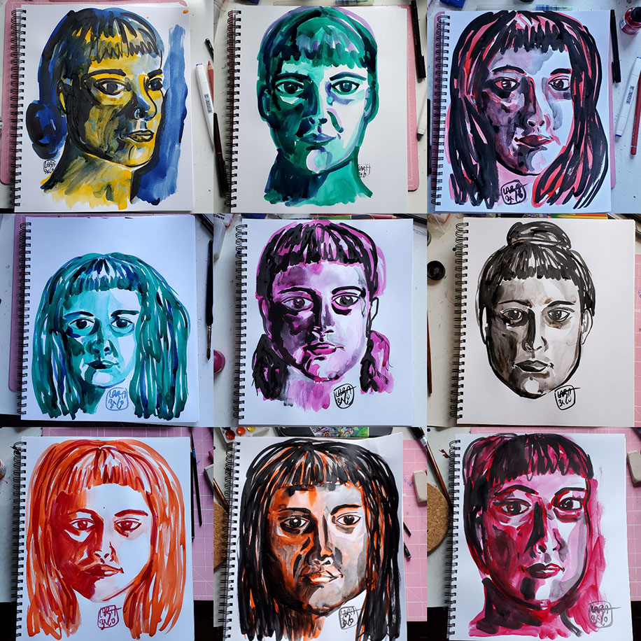 Nine images of the drawings of the artist's face in a paper drawing pad. The drawings are arranged as three in each row for three rows. Each face is drawn in a singular cink olor with ranging hairstyles than includes bangs. Each face is drawn on its own page to reflect the artist's mood for that day. From left to right, row one, image one: the face is yellow and turned slightly looking to your right, the hair is blue and tucked in a low bun; image two: green, eyes look slightly away to your right, hair is pulled back; image three: red, hair is down around the ears and face is slightly turned to your light with eyes looking straight ahead; row two, image one: blue-green, image takes up less of the page, hair is down and eyes look away to your left; purple, shadows under the eyes looking slighty off to yyour right, hair is tucked back and flat; image three: black, hair in a bun, eyes look straight ahead; row three, image one: orange, hair is down and eyes look intensely ahead but towards the floor; image two: orange and black, deep lines and shadows, eyes look away to your right; image three: pink, head tilted up, eyes look ahead