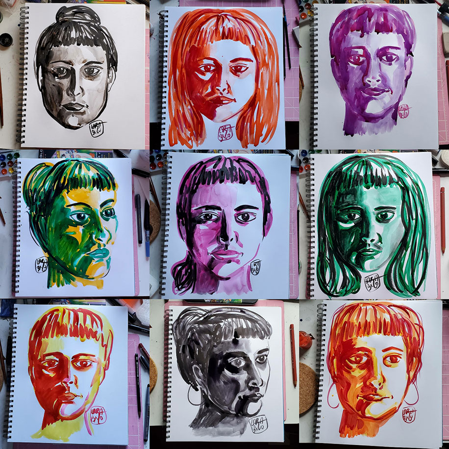 Nine images of the drawings of the artist's face in a paper drawing pad. The drawings are arranged as three in each row for three rows. Each face is drawn in a singular cink olor with ranging hairstyles than includes bangs. Each face is drawn on its own page to reflect the artist's mood for that day. From left to right, row one, image one: black, hair in bun, eyes straigh forward; image two: orange, hair down, eyes straight forward; image three: purple, hair up and eyes straight forward; row two, image one: green and yellow, face turned to yyour right and hair in a bun; image two: purple, hair in ponytail and eyes straight forward; image three: green, hair down and eyes straight forward; row three, image one: orange and yellow, hair in a bun, and eyes forward; black, hair in a bun, head tuned to the right and the artist is wearing hoop earrings; image three: orange, face forward, a sligh smile and the artist is wearing hoop earings