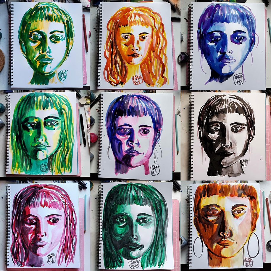 Nine images of the drawings of the artist's face in a paper drawing pad. The drawings are arranged as three in each row for three rows. Each face is drawn in a singular cink olor with ranging hairstyles than includes bangs. Each face is drawn on its own page to reflect the artist's mood for that day. From left to right, row one, image one: green and yellow, hair up and eyes forward; image two: orange-yellow, hair in waves, eyes forward; image three: blue, hair in bun, heavy strokes under the eyes; row two, image one: yellow and green, eyes slightly facing to yyour right, pursed lips, hair down; image two: purple, hair up, eyes look down to your right; image three: black, hair up, dark lines and shadows around the eyes; row three, image one: pink, hair down, eyes averted to yyour right, pursed lips; image two: green, hair down, sad eyes looking away to your right; image three: orange and brown, hair up, hoop earrings on