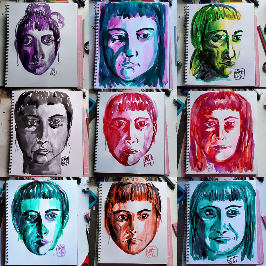 Nine images of the drawings of the artist's face in a paper drawing pad. The drawings are arranged as three in each row for three rows. Each face is drawn in a singular cink olor with ranging hairstyles than includes bangs. Each face is drawn on its own page to reflect the artist's mood for that day. From left to right, row one, image one: purple, hair up, long earrings on, eyes straight ahead, dark shadows around the eyes and nose; image two: purple and blue, eyes looking away to your right; image three: green and yellow, face turned to your right and eyes looking ahead towards the left; row two, image one: black, hair up, eyes looking away, lips pursed; image two: red and pink, eyes looking straight ahead, hair up; image three: pink and red, lips pursed, hair down, eyes looking ahead; row three, image one: green, eyes looking off to your right, hair in a bun; image two: orange, eyes slightly looking away, hair up; image three: green, a smile, eyes looking away to the right