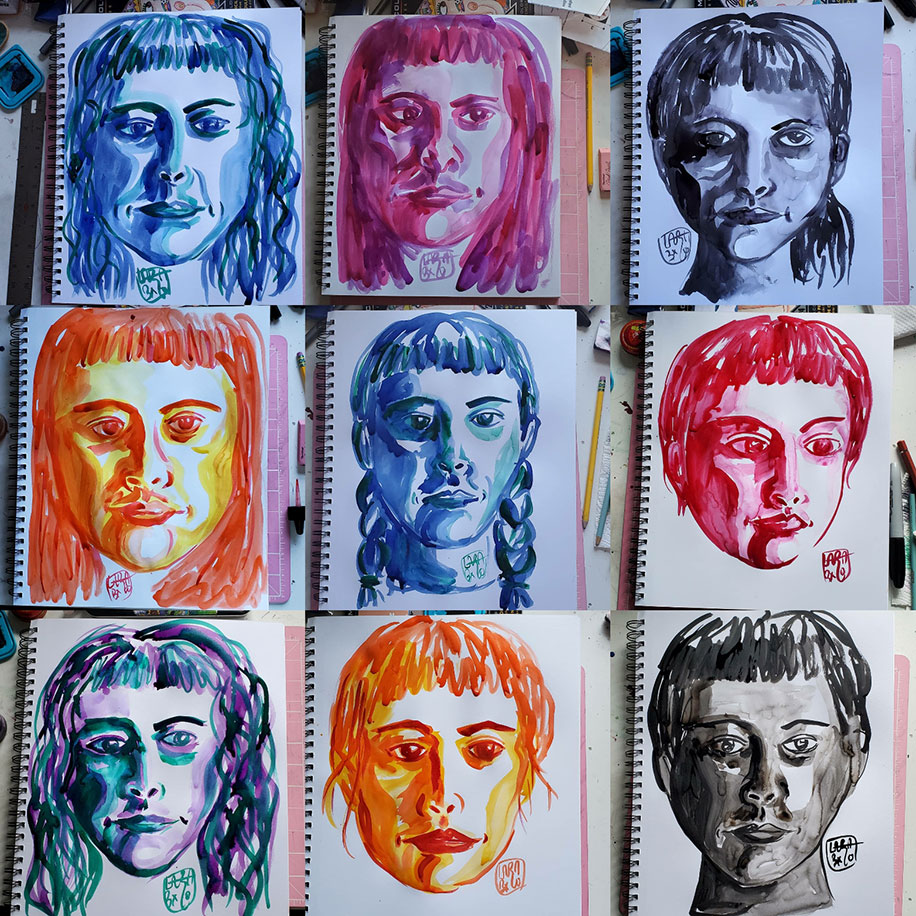 Nine images of the drawings of the artist's face in a paper drawing pad. The drawings are arranged as three in each row for three rows. Each face is drawn in a singular cink olor with ranging hairstyles than includes bangs. Each face is drawn on its own page to reflect the artist's mood for that day. From left to right, row one, image one: blue, hair in waves, lips pursed, eyes looking down; image two: pink, face in a frown, eyes looking to the right; image three: black, eyews looking away in various directions, hair in a short ponytail; row two, image one: red and yellow, hair down, eyes looking away to your right; image two: blue, hair in braids, eyes looking away to the right; image three: pink, hair up, face turned to your right, lips pursed; row three, image one: green, purple, and blue, hair in waves, and eyes looking away to your right; image two: orange and yellow, hair up, eyes looking away; image three: black, hair up, eyes looking straight ahead