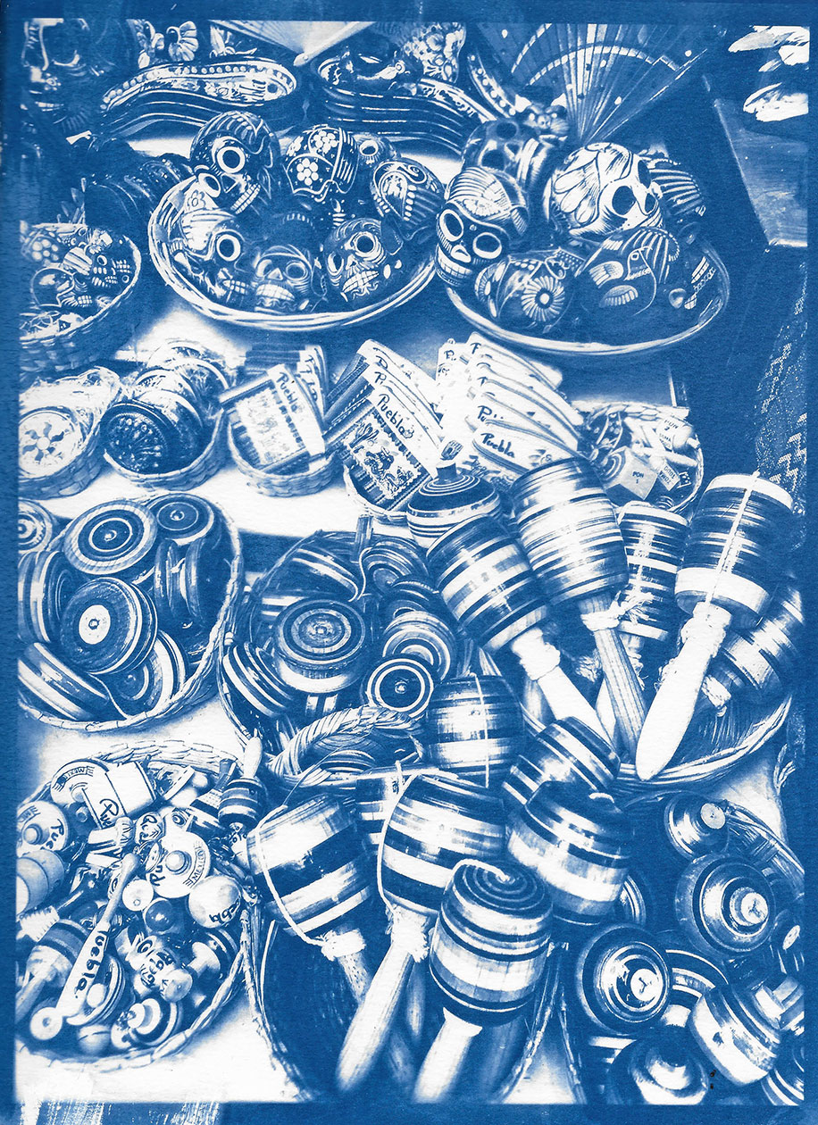 blue and white image of items on display, which include skulls, decorative items, hand fans, and musical instruments,
