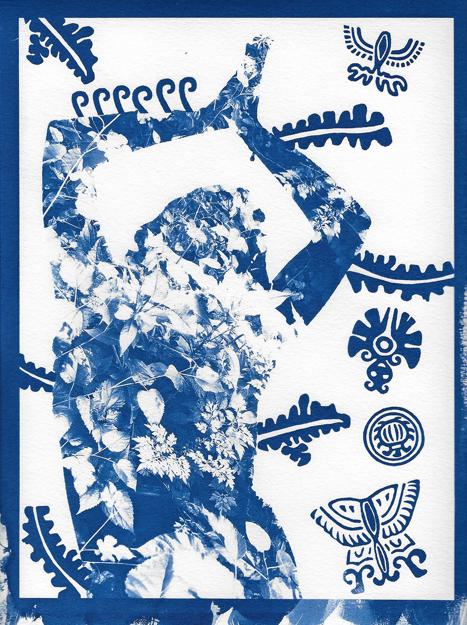 blue and white image of an outline of a person, hands raised and clasped while pointing upwards. The outline is filled in with vegetation. The outline is surrounded by drawings of leaves, butterflies, and birds