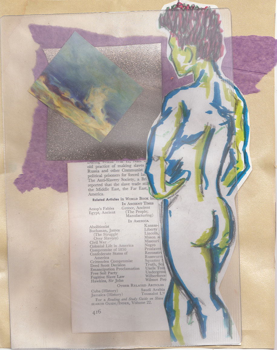 View from the behind of a naked person part of a collage of silver and lilac patches, a painting of an oceanside, and a page from a history book that shows a list of related articles about slavery
