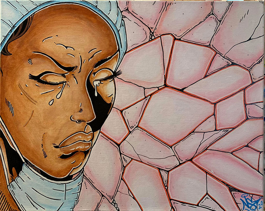 A pained face, eyes closed and tears flowing against a background that looks like a cracked wall