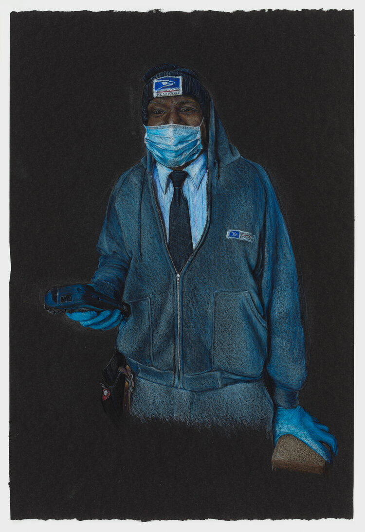 A Black post worker in uniform wears a blue mask and gloves while operating a scanner