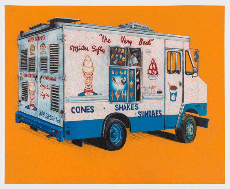 An ice cream truck against an orange background