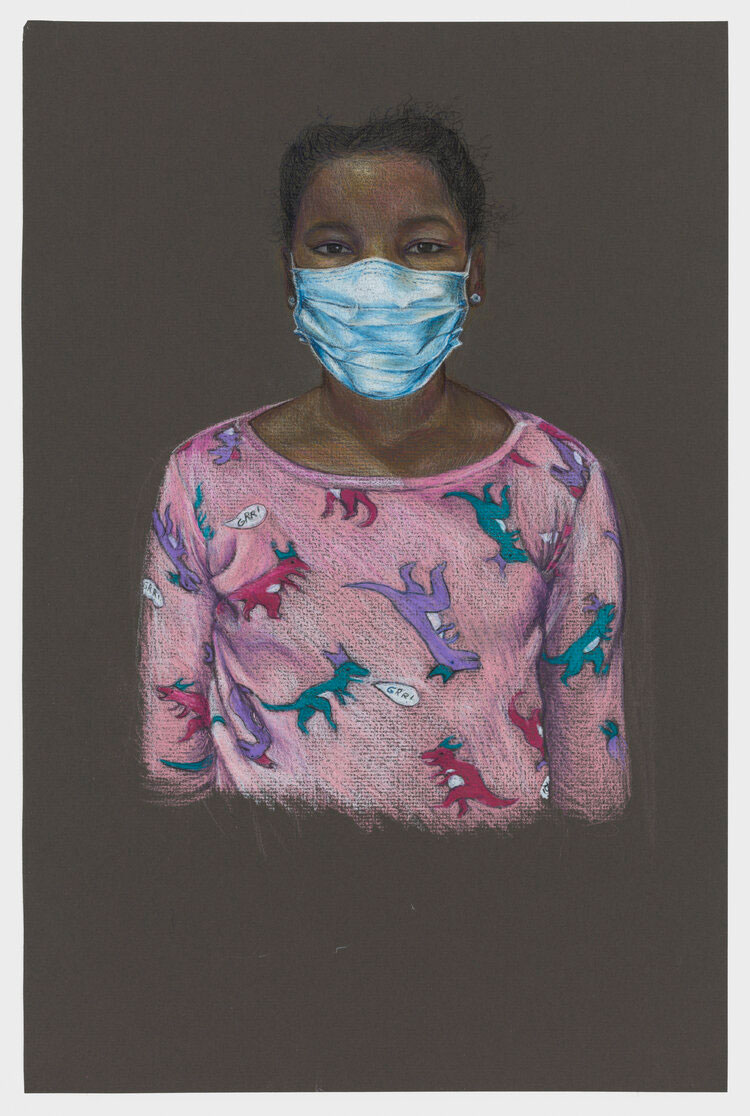 A Black girl wearing pink pyjamas with colorful dinosaurs wears a blue mask