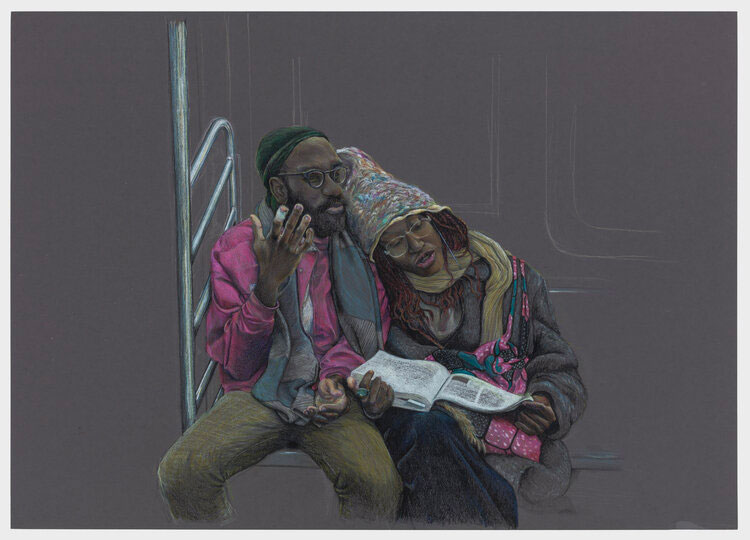 A Black couple leans on each other while riding the train; the woman fell asleep while wearing a book; the man has a bandaid on a finger on the hand he uses to gesture to soneone not shown