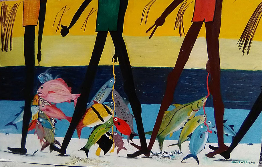 Painting of men walking along the beach, each with a string of caught fish. The person in the middle shows a thumbs up, the person at the end shows two fingers like the peace sign