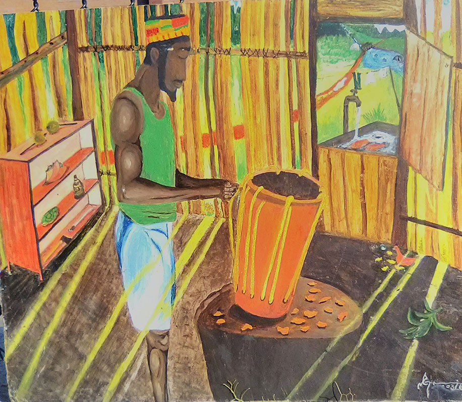 A man tends to a drum on a table in an indoor space where there are drumsticks of a bookshelf of shells and a bottle, a bird pecks at food on the floor, out the door there is a facet running