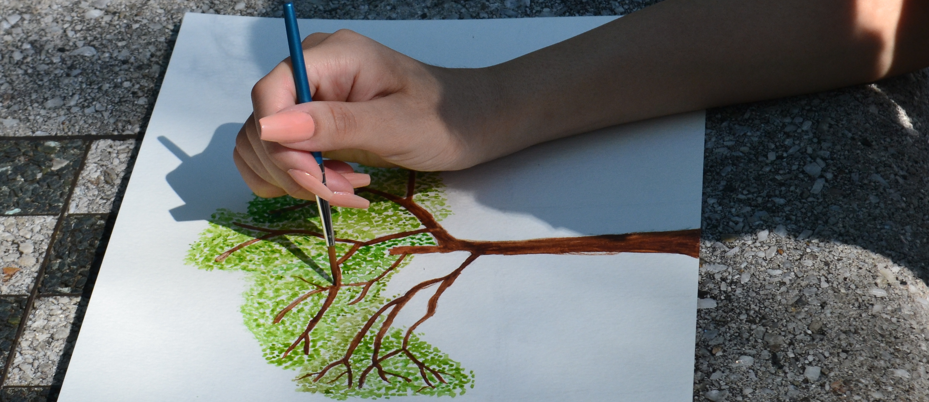 a person draws a tree on paper while sitting in the park