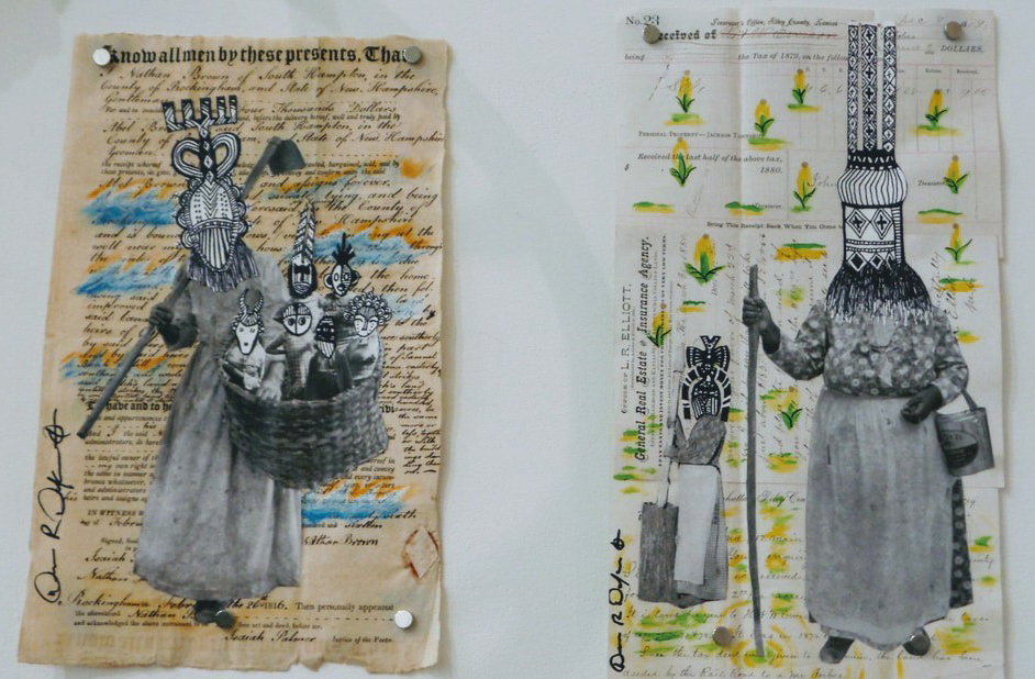 People wearing traditional masks are pasted unto documents
